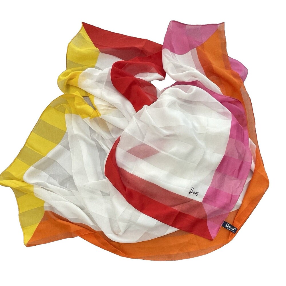 Large Sheer Scarf 53" Square White Striped Red Orange Yellow Border Honey Italy